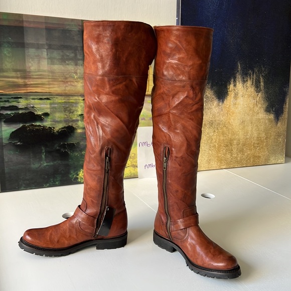 Frye real fur sheared & dyed brown leather 7.5M knee hi combat winter boots